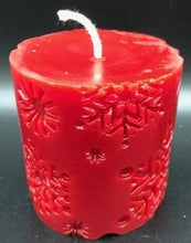 Load image into Gallery viewer, beautiful winter snowflake pillar; the perfect addition to your winter decor.  Snowflakes adorn the sides of this charming candle.  Nothing reminds us more of winter &amp; the holidays like a cool night while seeing flickering candles adorning our home. It will be sure to add a little Christmas spirit to whatever room you put it in.  Great as a Christmas gift or to add to your winter decor.  
