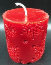 Load image into Gallery viewer, beautiful winter snowflake pillar; the perfect addition to your winter decor.  Snowflakes adorn the sides of this charming candle.  Nothing reminds us more of winter & the holidays like a cool night while seeing flickering candles adorning our home. It will be sure to add a little Christmas spirit to whatever room you put it in.  Great as a Christmas gift or to add to your winter decor.