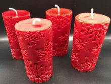 Load image into Gallery viewer, Beautiful Snowflake designs glow when you light this amazing Snowflake Beeswax Pillar Candle. Also available in a 3" version.