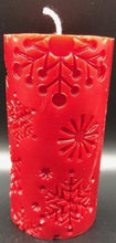 Load image into Gallery viewer, Beautiful Snowflake designs glow when you light this amazing Snowflake Beeswax Pillar Candle. Also available in a 3" version.
