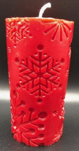Load image into Gallery viewer, Beautiful Snowflake designs glow when you light this amazing Snowflake Beeswax Pillar Candle. Also available in a 3" version.