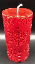 Load image into Gallery viewer, Beautiful Snowflake designs glow when you light this amazing Snowflake Beeswax Pillar Candle. Also available in a 3" version.