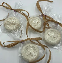 Load image into Gallery viewer, Cute little round bar of soap with bee image on top. Oats gently exfoliate your skin as the hydrating soap blend softens skin. The moisturizing oils used in our soaps produce a rich luxurious lather that leaves your skin clean & soft without stripping the natural oils. Perfect for Valentine's Day gifts, Christmas gifts, birthday gifts, wedding shower gifts, Mother's Day gifts & more!