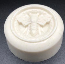 Load image into Gallery viewer, Cute little round bar of soap with bee image on top.  Oats gently exfoliate your skin as the hydrating soap blend softens skin.   The moisturizing oils used in our soaps produce a rich luxurious lather that leaves your skin clean & soft without stripping the natural oils.  Perfect for Valentine's Day gifts, Christmas gifts, birthday gifts, wedding shower gifts, Mother's Day gifts & more!