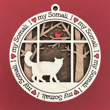 Load image into Gallery viewer, Share the love for our furry friends with these beautiful cat ornaments!  100 different options available.  Send us the name you'd like personalized on it & we'll add it to your ornament.  Our standard background is the trees with the cardinal in them.  If you'd like a different background, please contact us.