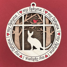Load image into Gallery viewer, Share the love for our furry friends with these beautiful cat ornaments!  100 different options available.  Send us the name you'd like personalized on it & we'll add it to your ornament.  Our standard background is the trees with the cardinal in them.  If you'd like a different background, please contact us.
