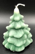 Load image into Gallery viewer, This Spruce Tree Beeswax Candle with 'snow cap' is sure to light up any cabin or rustic setting.  Perfect for your home in the woods or rustic rooms.   Great as Christmas Decor also.   These homemade candles add a great warm, cozy, bright glow to your home or office. Great as gifts or as an addition to your holiday or cabin decorations.