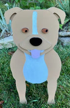 Load image into Gallery viewer, Let this adorable Staffordshire Terrier Dog Planter box help welcome guests to your home. Custom dog tags with your dogs name also available (please message us - adds $5 to cost of planter box). Great gift for the dog lovers in your life!