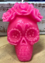 Load image into Gallery viewer, Celebrate the Day of the Dead, All Souls Day or All Saints Day with these adorable Sugar Skull Beeswax Candles.  Many cultures believed that the gates of heaven are opened at midnight on October 31, and the spirits of all deceased children (angelitos) are allowed to reunite with their families for 24 hours. On November 2, the spirits of the adults come down to enjoy the festivities that are prepared for them.  Families celebrate the lives of their departed loved ones.