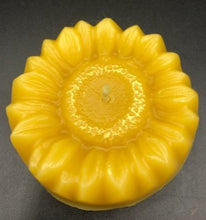 Load image into Gallery viewer, Adorable Sunflower shaped beeswax candle. This bright and cheery beeswax candle is sure to brighten everyone's day. A slight shimmer of gold mica in the center adds a touch of whimsey to this summer favorite.