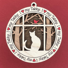 Load image into Gallery viewer, Share the love for our furry friends with these beautiful cat ornaments!  100 different options available.  Send us the name you'd like personalized on it & we'll add it to your ornament.  Our standard background is the trees with the cardinal in them.  If you'd like a different background, please contact us.
