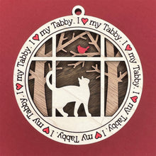 Load image into Gallery viewer, Share the love for our furry friends with these beautiful cat ornaments!  100 different options available.  Send us the name you'd like personalized on it & we'll add it to your ornament.  Our standard background is the trees with the cardinal in them.  If you'd like a different background, please contact us.