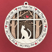 Load image into Gallery viewer, Share the love for our furry friends with these beautiful cat ornaments!  100 different options available.  Send us the name you'd like personalized on it & we'll add it to your ornament.  Our standard background is the trees with the cardinal in them.  If you'd like a different background, please contact us.