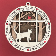 Load image into Gallery viewer, Share the love for our furry friends with these beautiful cat ornaments!  100 different options available.  Send us the name you'd like personalized on it & we'll add it to your ornament.  Our standard background is the trees with the cardinal in them.  If you'd like a different background, please contact us.