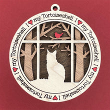 Load image into Gallery viewer, Share the love for our furry friends with these beautiful cat ornaments!  100 different options available.  Send us the name you'd like personalized on it & we'll add it to your ornament.  Our standard background is the trees with the cardinal in them.  If you'd like a different background, please contact us.