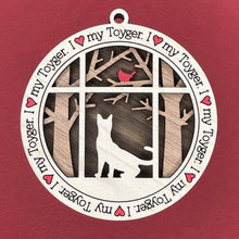 Load image into Gallery viewer, Share the love for our furry friends with these beautiful cat ornaments!  100 different options available.  Send us the name you'd like personalized on it & we'll add it to your ornament.  Our standard background is the trees with the cardinal in them.  If you'd like a different background, please contact us.