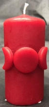 Load image into Gallery viewer, Moon Phase Beeswax Candle depicting the triple Goddess. Bring a bit of magic into your life with this amazing candle! Red Moon Phase / Triple Goddess Beeswax Candle
