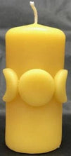 Load image into Gallery viewer, Moon Phase Beeswax Candle depicting the triple Goddess. Bring a bit of magic into your life with this amazing candle!  Yellow Moon Phase / Triple Goddess Beeswax Candle
