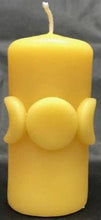 Load image into Gallery viewer, Moon Phase Beeswax Candle depicting the triple Goddess. Bring a bit of magic into your life with this amazing candle! Yellow Moon Phase / Triple Goddess Beeswax Candle