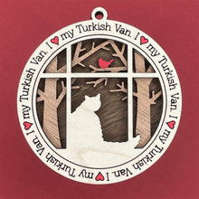 Load image into Gallery viewer, Share the love for our furry friends with these beautiful cat ornaments!  100 different options available.  Send us the name you'd like personalized on it & we'll add it to your ornament.  Our standard background is the trees with the cardinal in them.  If you'd like a different background, please contact us.