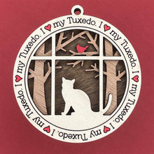Load image into Gallery viewer, Share the love for our furry friends with these beautiful cat ornaments!  100 different options available.  Send us the name you'd like personalized on it & we'll add it to your ornament.  Our standard background is the trees with the cardinal in them.  If you'd like a different background, please contact us.