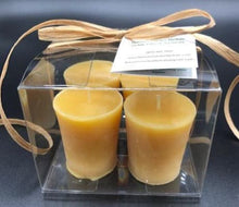 Load image into Gallery viewer, Indulge in these 100% natural, sweet honey-scented beeswax votive candles. These handmade candles are made with nothing but pure beeswax and burn for at many hours each. They may be little, but they pack a bright-glowing punch.