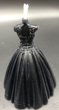 Load image into Gallery viewer, Elegant wedding dress silhouette beeswax candle. Lace top with flowing wedding gown bottom. Perfect for wedding showers or gifts. Back view of black wedding dress beeswax candle.