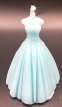 Load image into Gallery viewer, Elegant wedding dress silhouette beeswax candle. Lace top with flowing wedding gown bottom. Perfect for wedding showers or gifts. Shown in light blue.