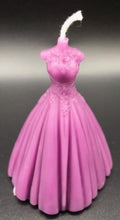 Load image into Gallery viewer, Elegant wedding dress silhouette beeswax candle. Lace top with flowing wedding gown bottom. Perfect for wedding showers or gifts. Shown in purple.