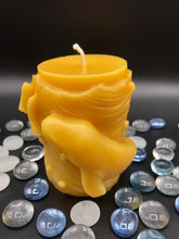 Load image into Gallery viewer, Mother and baby whale swirl around the outside of this all natural beeswax candle. Around the whales is an ocean wave design. Handmade in the USA.