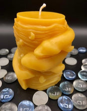 Load image into Gallery viewer, Mama & Baby Whale swirling around this beautiful beeswax candle in the ocean waves.