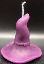 Load image into Gallery viewer, This Witch Hat Beeswax Candle makes the perfect addition to Halloween decor or for parties & weddings with a spooky theme. Halloween wouldn't be complete without a witch or two so be sure to add this Witch Hat Beeswax Candle to complete your decor. Have a Harry Potter fan in your castle? The brown Witch Hat Beeswax Candle makes a perfect sorting hat & can even be used on birthday cakes! Available in black, brown or purple.