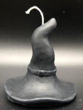 Load image into Gallery viewer, This Witch Hat Beeswax Candle makes the perfect addition to Halloween decor or for parties & weddings with a spooky theme.  Halloween wouldn't be complete without a witch or two so be sure to add this Witch Hat Beeswax Candle to complete your decor.  Have a Harry Potter fan in your castle?  The brown Witch Hat Beeswax Candle makes a perfect sorting hat & can even be used on birthday cakes!  Available in black, brown or purple. *** Also shown with our R.I.P. Gravestone Beeswax Candle.