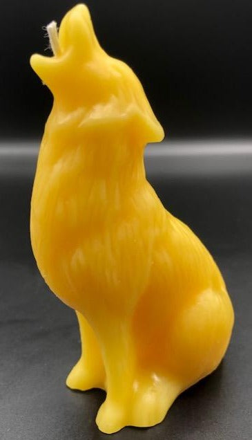 This all natural beeswax candle in the shape of a howling wolf is sure to please any wolf or dog lover. Handmade in the USA.