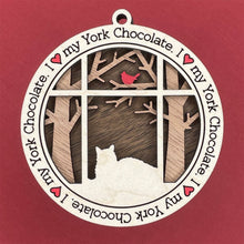 Load image into Gallery viewer, Share the love for our furry friends with these beautiful cat ornaments!  100 different options available.  Send us the name you'd like personalized on it & we'll add it to your ornament.  Our standard background is the trees with the cardinal in them.  If you'd like a different background, please contact us.