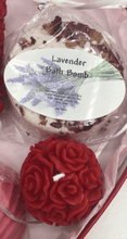Load image into Gallery viewer, Lavender Bath Bomb & Red Rose Ball Beeswax Candle from our Valentine's Day Heart Shaped Gift Box Set.