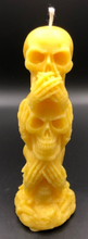 Load image into Gallery viewer, See No Evil, Hear No Evil, Speak No Evil Beeswax Skull Totum. Tower of 3 skulls.