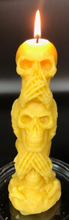 Load image into Gallery viewer, See No Evil, Hear No Evil, Speak No Evil Beeswax Skull Totum. Tower of 3 skulls.
