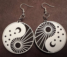 Load image into Gallery viewer, Looking for a unique and stylish way to show off your love for balance and harmony? Look no further than our Yin Yang earrings with moon and stars and sun design! Crafted with the highest quality materials,