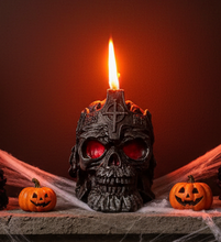 Load image into Gallery viewer, Make a bold statement with this Skull Beeswax Candle with Cross Crown, handcrafted from 100% pure American beeswax. This hauntingly detailed candle is the perfect addition to Halloween décor, gothic home décor, dark academia, witchy décor, haunted house displays, or spooky fall decorating.
