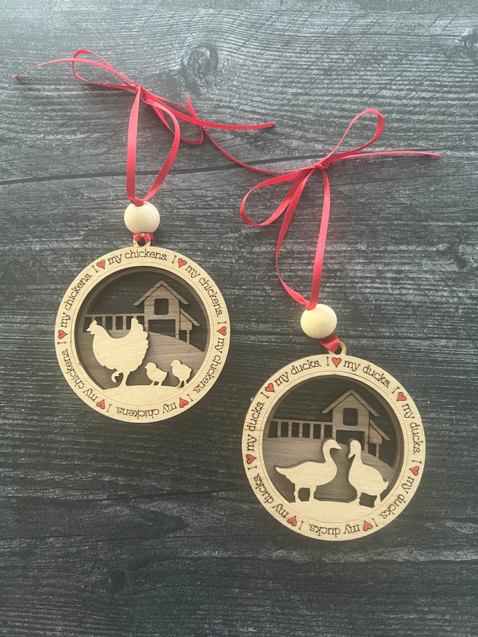 Farm animal ornament.  Adorable ornament displays your choice of farm animals and a farm background you can choose.  Wording around the edges states I love (shown as a red heart) with the animal of your choosing. 