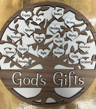 Load image into Gallery viewer, Design your own personalized family tree as a meaningful and cherished gift for beloved family members, with customizable heart detailing and a name of your choice along the base. As your family expands, more names can be included, making it a timeless keepsake.
