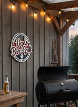 Load image into Gallery viewer, Give Dad's favorite grilling space a little personality with our Dad's Bar &amp; Grill – Good Eats, Smoked Meats Sign! Whether he's the family grill master, king of the smoker, or simply loves spending weekends cooking up something delicious, this handmade sign is a fun way to celebrate his love of BBQ.


