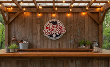 Load image into Gallery viewer, Give Dad's favorite grilling space a little personality with our Dad's Bar &amp; Grill – Good Eats, Smoked Meats Sign! Whether he's the family grill master, king of the smoker, or simply loves spending weekends cooking up something delicious, this handmade sign is a fun way to celebrate his love of BBQ.
