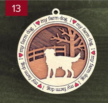 Load image into Gallery viewer, Farm animal ornament.  Adorable ornament displays your choice of farm animals and a farm background you can choose.  Wording around the edges states I love (shown as a red heart) with the animal of your choosing. 
