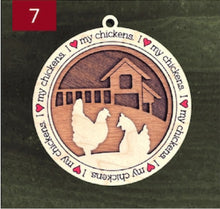 Load image into Gallery viewer, Farm animal ornament.  Adorable ornament displays your choice of farm animals and a farm background you can choose.  Wording around the edges states I love (shown as a red heart) with the animal of your choosing. 
