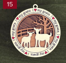 Load image into Gallery viewer, Farm animal ornament.  Adorable ornament displays your choice of farm animals and a farm background you can choose.  Wording around the edges states I love (shown as a red heart) with the animal of your choosing. 
