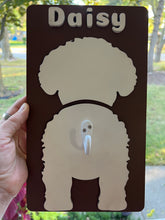 Load image into Gallery viewer, Keep your dog’s essentials organized while adding a personalized touch to your home with this custom dog leash holder. Featuring your dog’s breed silhouette and personalized name, each leash holder is precision laser cut from premium maple plywood and individually hand-painted, making every piece a unique keepsake for your favorite four-legged friend.
