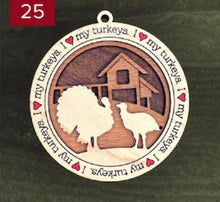 Load image into Gallery viewer, Farm animal ornament.  Adorable ornament displays your choice of farm animals and a farm background you can choose.  Wording around the edges states I love (shown as a red heart) with the animal of your choosing. 
