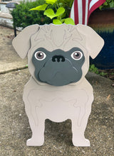 Load image into Gallery viewer, Let this adorable Pug Planter help welcome guests to your home.  Custom dog tags with your dogs name also available (please message us - adds $5 to cost of planter box).  Great gift for the dog lovers in your life!
